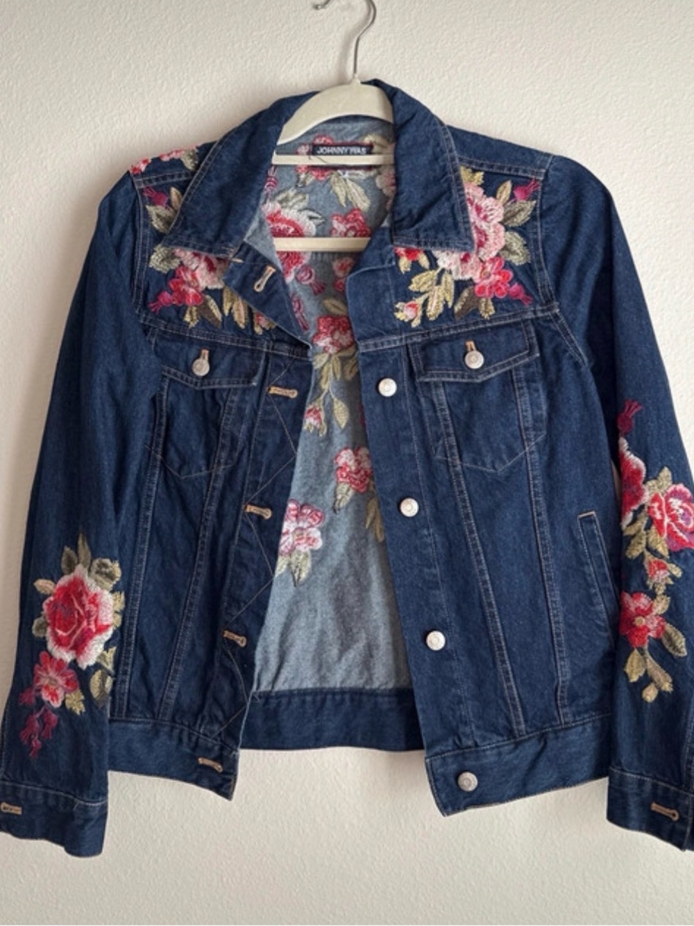 Johnny Was Navy Denim Jacket with Pink & Red Floral Embroidery
